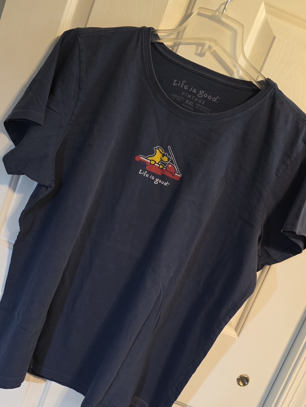 Life Is Good Navy Tee with Yellow Dog in Red Car Graphic